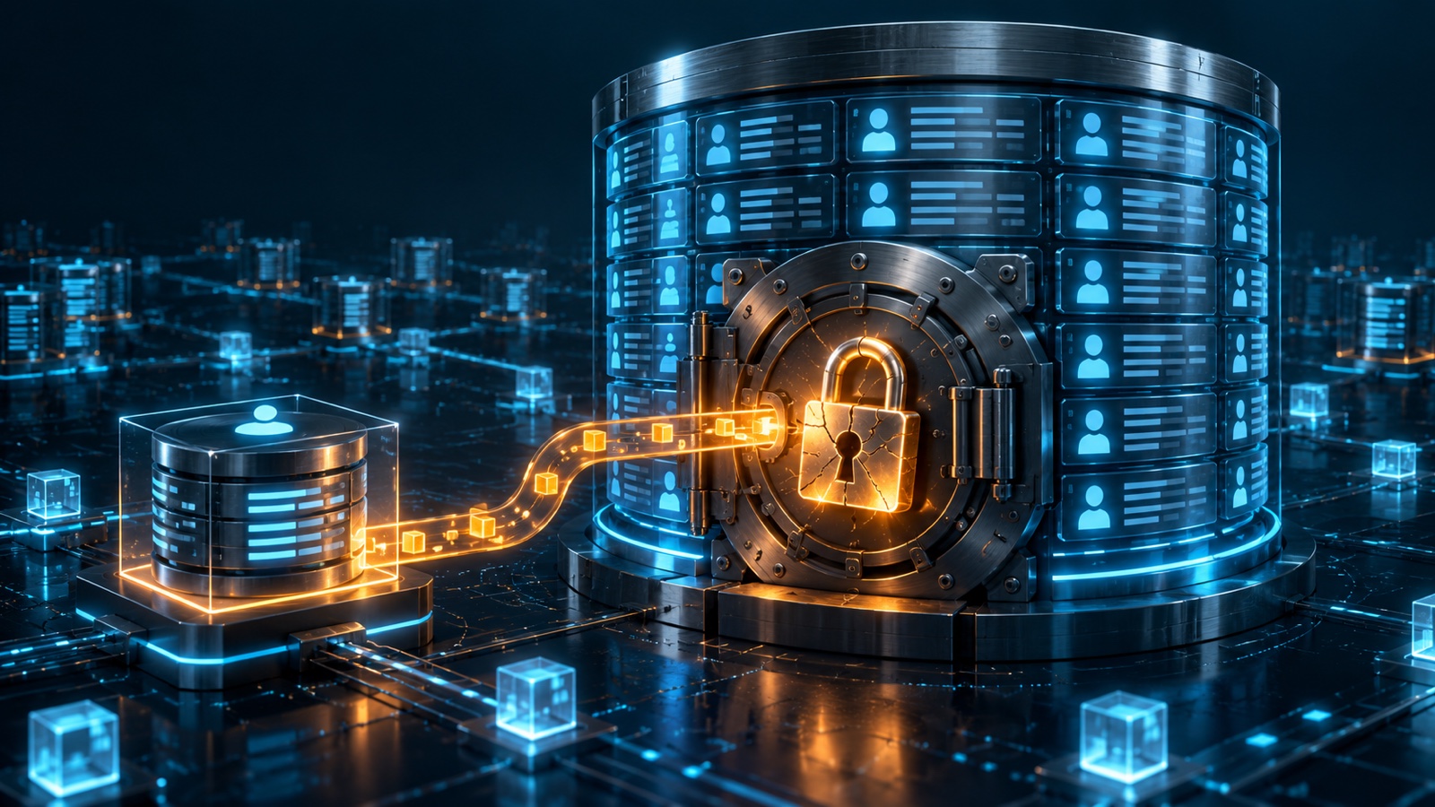 第三方連線通向個人資料庫的資訊安全概念插畫 / Concept illustration of a third-party connection leading into a personal-record database