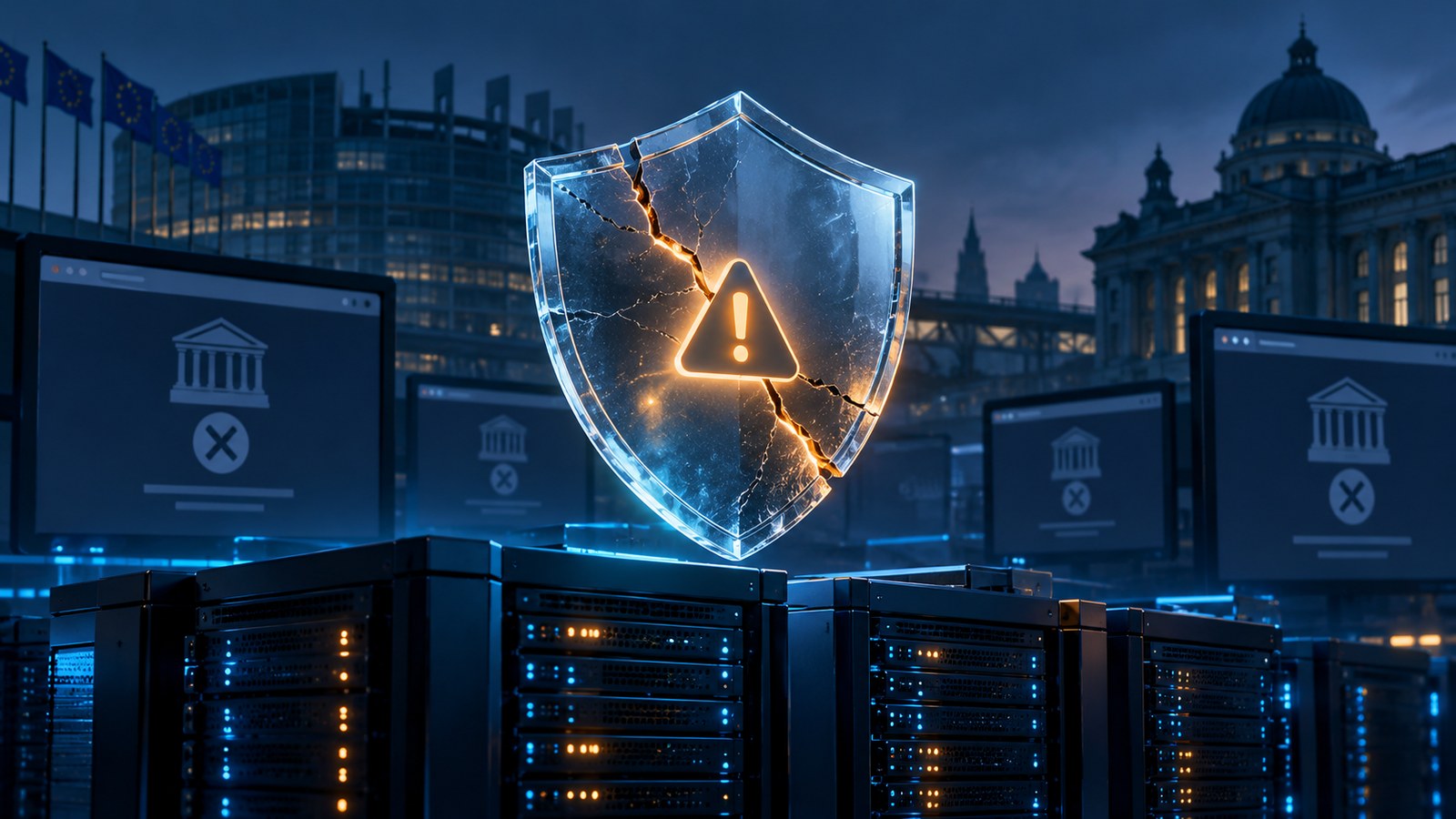 PHP 漏洞安全示意圖：伺服器、警示盾牌及歐洲公共建築 / Conceptual PHP security illustration with servers and a warning shield